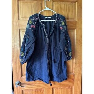 ZARA Navy Blue Embroidered Puff Sleeved Kaftan Tunic Mini Dress Size Large